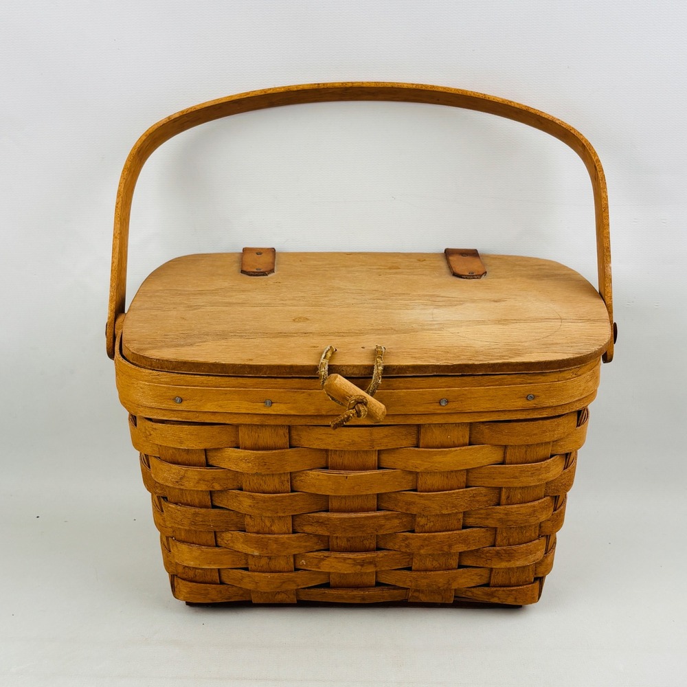 Vintage Longaberger Small Wood Picnic Basket Moving Handle Brown Handwoven 1991